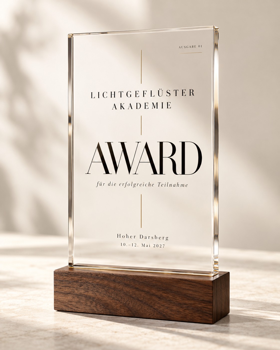 Der Award der Lichtgeflüster Akademie aus Glas auf Holzsockel