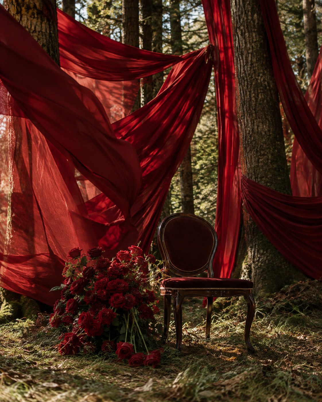 Set-Konzept I: rote Seide zwischen Bäumen, Stuhl und rote Rosen