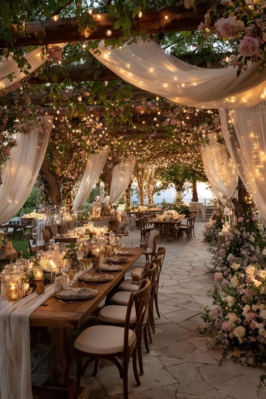 Tafel unter Pergola mit Stoffbahnen und Rosen