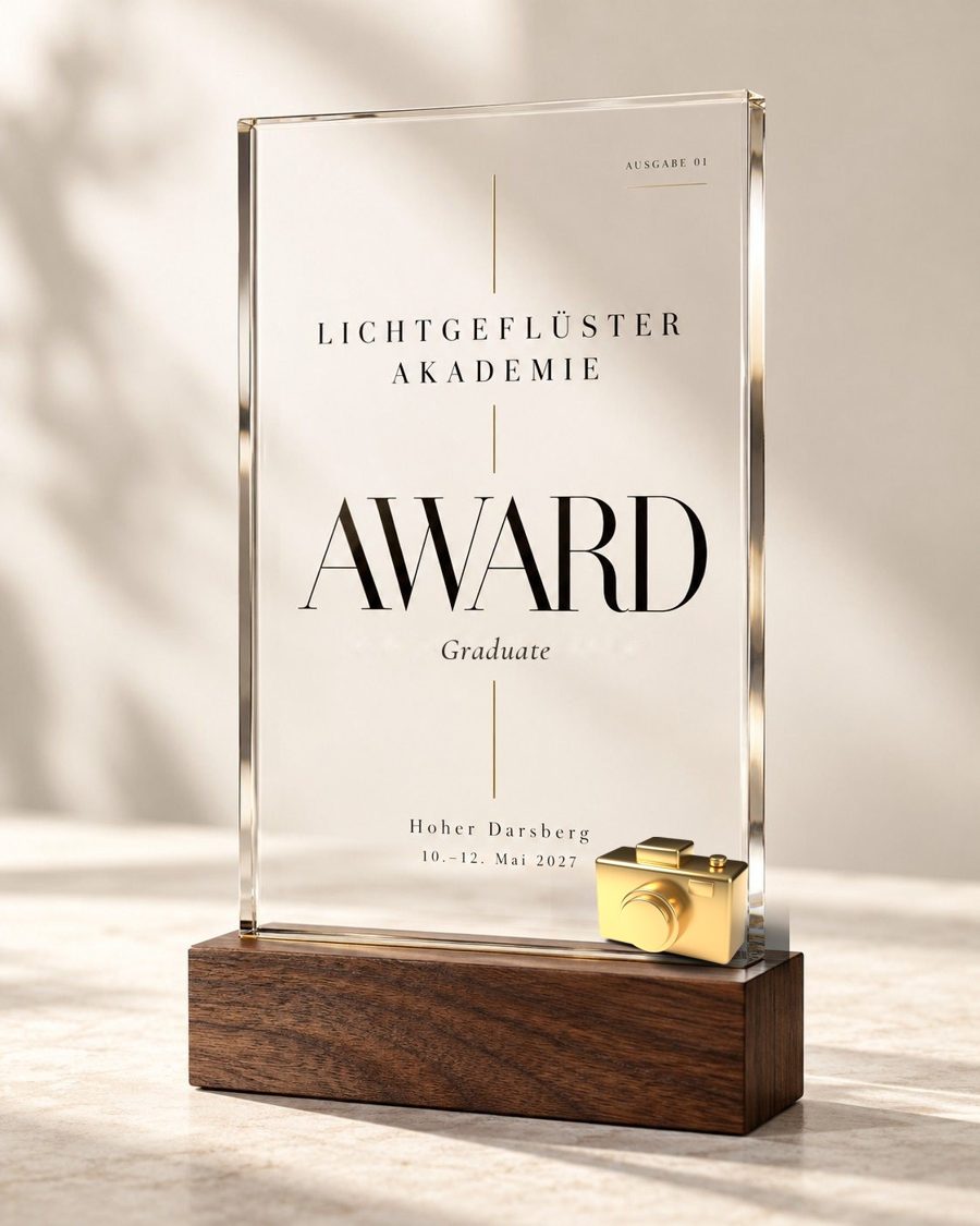 Der Graduate Award der Lichtgeflüster Akademie aus Glas auf Holzsockel